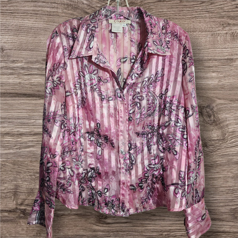 Como pink semi sheer button front floral print Y2K wide cuff blouse woman's sz L